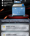 Heavy Duty Electric Tapping Machine Handles M6 Through M36 Threads With A Swingin Forty Six Inch Arm Rotating Three Sixty Degrees Plus Stepless Speed Control And Fourteen Piece Ansi Tap Collet Set For Workshop Jobs, displaying multiple tapping modes on touchscreen.