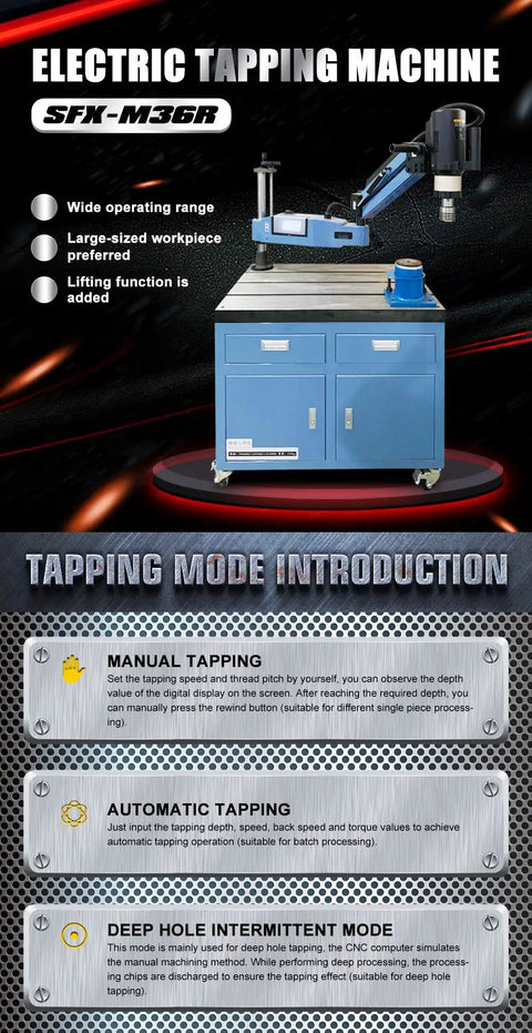 Heavy Duty Electric Tapping Machine Handles M6 Through M36 Threads With A Swingin Forty Six Inch Arm Rotating Three Sixty Degrees Plus Stepless Speed Control And Fourteen Piece Ansi Tap Collet Set For Workshop Jobs, displaying multiple tapping modes on touchscreen.
