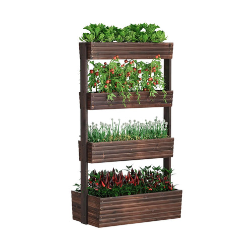 Wooden Raised Garden Bed Vertical Planter Box with four tiers, showcasing herbs and vegetables, freestanding design for indoor outdoor use.