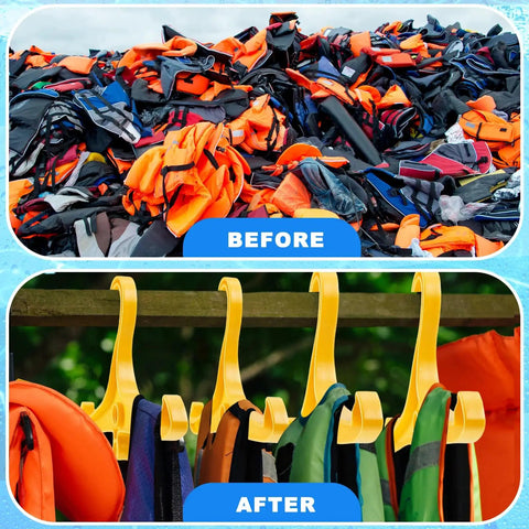 Before and after comparison of life jackets using Eight Pack Scuba Hanger With DIN Threads For Regulators And BCD Vests, Heavy Duty Wetsuit And Dry Gear Organizer, Durable Plastic Hanger For Dry Clothes, Side Hanging Design In Bright Yellow.