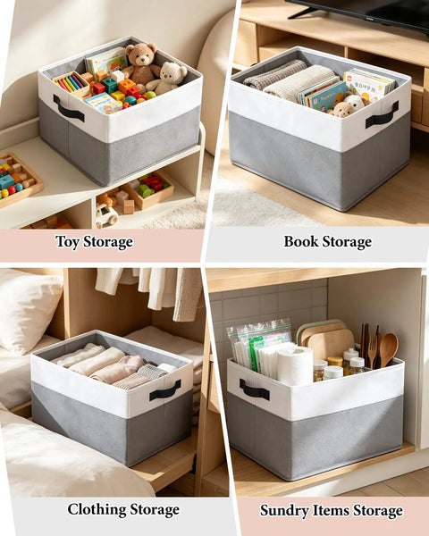 Real Deal Foldable Fabric Storage Cubes With Sturdy Reinforced Handles And Hassle Free Collapsible Closet Shelf Bins For Clothes Toys And Blankets 4 Pack Of Smooth Operation Organizers In White And Gray used for toy, book, clothing, and sundry items storage.