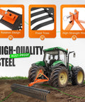60 Inch Landscape Rake For Category 1 Tractors, 3 Point Tow-Behind Garden Tool, attached to green tractor on dirt field