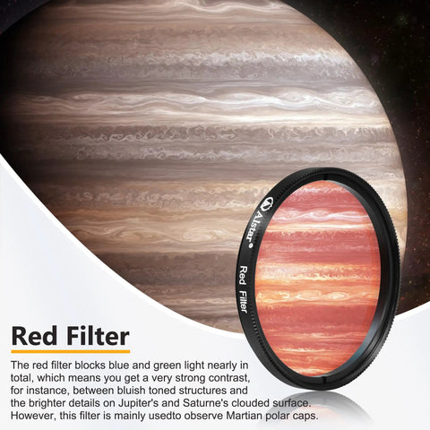 Red filter of Deluxe 2 Inch LRGB Filter Set For Monochrome CCD Cameras With Luminance And Red Green Blue Color Filters next to planet.