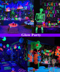 Colorful glow party setup with neon balloons and decorations under UV light, featuring Three Pack 36W Black Light Bars for glow parties.