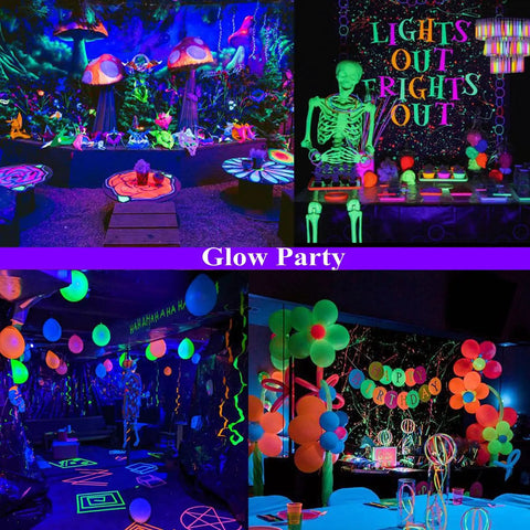 Colorful glow party setup with neon balloons and decorations under UV light, featuring Three Pack 36W Black Light Bars for glow parties.