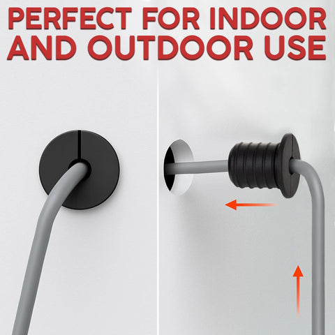 Two Pack Silicone Wall Bushing For Three Quarter Inch Holes In Walls And Panels, demonstrating indoor and outdoor cable installation.