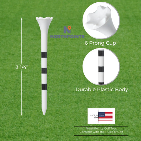Three And A Quarter Inch White Golf Tees With Black Stripes Pack Of 50 Durable Plastic Tees With Six Prong Cup For Easy Depth Placement