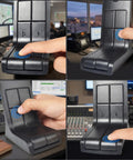 Person using Solid Desktop Mic Replacement for RMN5050 and MOTOTRBO Base Stations with computers in background