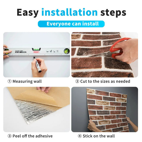 Installation steps for 20 Pack Faux Brick 3D Wall Panels Peel And Stick In Red Brown Self Adhesive Waterproof Foam Wallpaper.