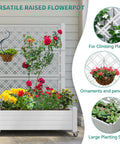 Raised Garden Bed On Wheels With Trellis For Climbing Plants, Weatherproof Resin Planter Box, flowers and trellis shown