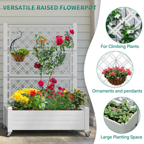 Raised Garden Bed On Wheels With Trellis For Climbing Plants, Weatherproof Resin Planter Box, flowers and trellis shown