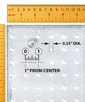 Clear Pegboard Wall Organizer With 12 Buckets 24W By 24H Panel showing hole spacing and diameter with measuring tape.