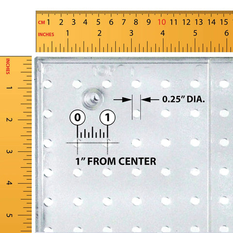 Clear Pegboard Wall Organizer With 12 Buckets 24W By 24H Panel showing hole spacing and diameter with measuring tape.
