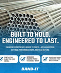 Stack of pipes with BAND-IT branding highlighting punch-style clamps for industrial, maintenance, and field repairs.