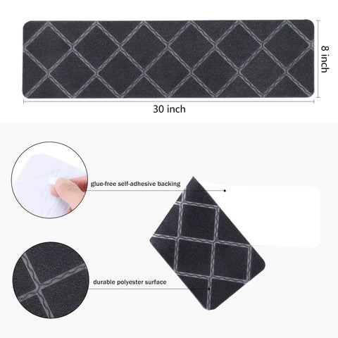 Indoor Stair Treads 15 Pack for Wooden Steps Non Slip Carpet Treads Gray Plaid Runner Mats with dimensions illustrated