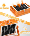 Heavy Duty Solar LED Work Light With 10000 Lumen Brightness showing solar and USB charging options, orange design.
