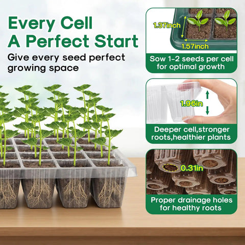 Seed Starter Tray With Grow Light 2 Pack 80 Cell Seedling Kit With Humidity Dome showing cell size and seed planting details.