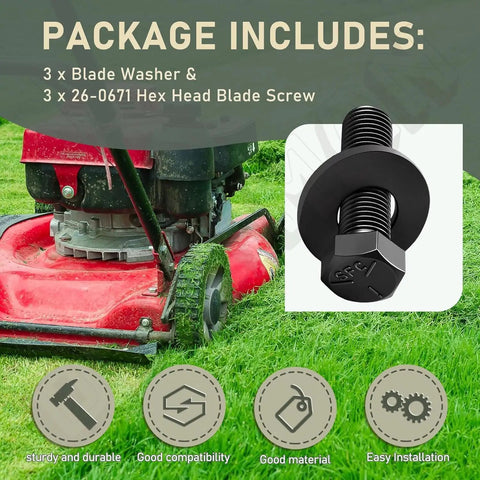 3 Pack Hex Head Blade Bolt And Washer Kit 26-0671 3290-465 OEM Replacement For Lawn Mowers And Tractors Keeps Your Mower Running Smooth And Tough With Precise Blade Shaft Fit Across Dozens Of Models., mower blade bolt and washer kit shown with 3 screws and washers