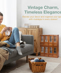 Four Piece Stackable Mini Cupboard Set With Eight Drawers And Glass Doors In Dark Mahogany Wood For Pantry Kitchen Bath Or Garage Storage Fully Assembled And Ready To Organize next to a gray sofa.