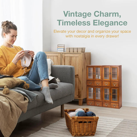 Four Piece Stackable Mini Cupboard Set With Eight Drawers And Glass Doors In Dark Mahogany Wood For Pantry Kitchen Bath Or Garage Storage Fully Assembled And Ready To Organize next to a gray sofa.