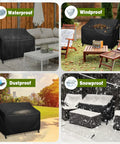 Collage showing All Weather Outdoor Loveseat Cover for Patio Benches and Gliders Waterproof 420D Oxford Fabric in various weather conditions.
