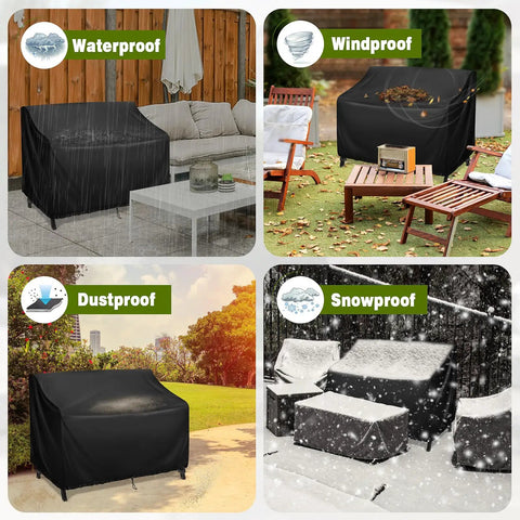 Collage showing All Weather Outdoor Loveseat Cover for Patio Benches and Gliders Waterproof 420D Oxford Fabric in various weather conditions.