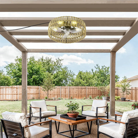 Geelife 3 Pc Ceiling Fan with Remote Control Low Profile Flush Mount, White installed in outdoor pergola setting.