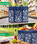 Foldable Reusable Grocery Bags Four Pack With Reinforced Handles And Waterproof Coating Heavy Duty Tote Bags in blue, filled with groceries.