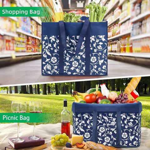 Foldable Reusable Grocery Bags Four Pack With Reinforced Handles And Waterproof Coating Heavy Duty Tote Bags in blue, filled with groceries.