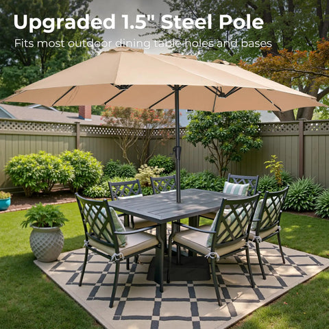 13 Foot Outdoor Patio Umbrella With Base Included, Double Sided Fade Resistant Canopy, Beast Shade For Deck Backyard And Pool Area, Large Table Umbrella For 2 To 6 Seats, Beige over outdoor dining set