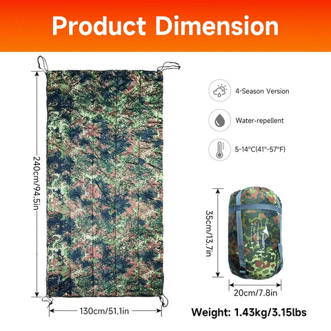 Ultralight 4 Season Hammock Underquilt 94.5x51.1 inches with Camouflage 40D Polyester 250g Cotton Fill for Camping