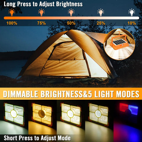 Heavy Duty Solar LED Work Light With 10000 Lumen Brightness in use near a tent showing mode settings with inset solar panel view.