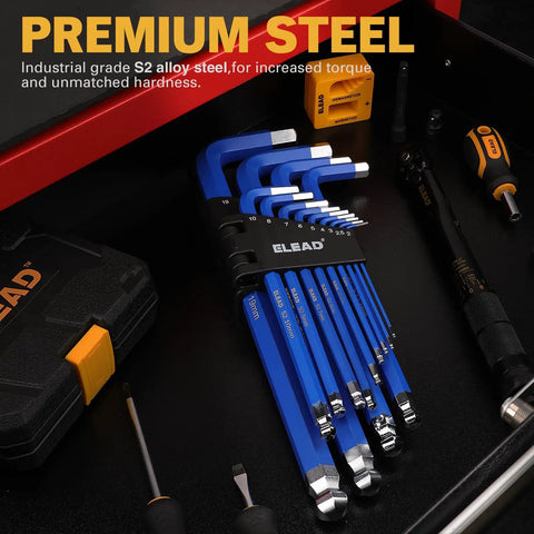 Beefy Long Ball End Hex Key Set 13-Piece Metric 2 To 19mm S2 Steel With Chrome Finish on black tool tray