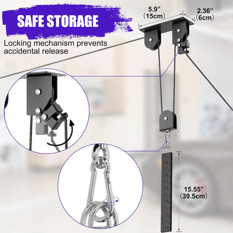 2 Pack Heavy Duty Bike Hoist Pulley System For Garage Ceiling Storage with close-up of locking mechanism and steel hooks