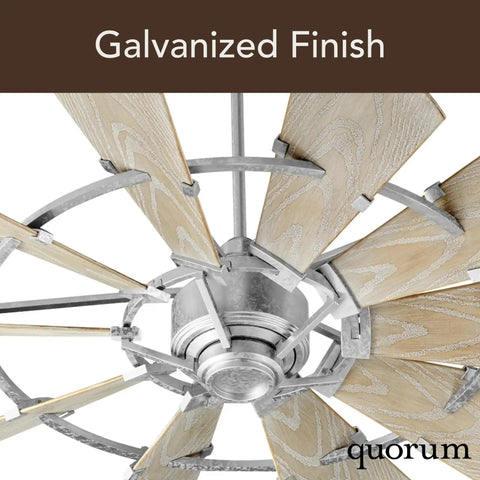 Close-up view of the galvanized metal finish and weathered oak blades of the Killer Windmill Wagon Wheel Ceiling Fan, 72 Inch Badass 15 Blade Decorative Fixture For Massive Rooms.