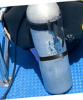 Scuba Tank Holder Belt for Diving Gear, No Fuss Attachment Strap System secures silver oxygen tank on boat