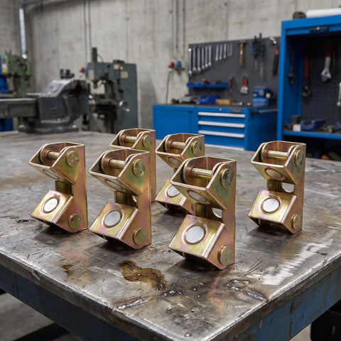 Six Pack Magnetic Welding Clamps With V-Shape Stainless Steel Fixture Set arranged on a metal table in a workshop.