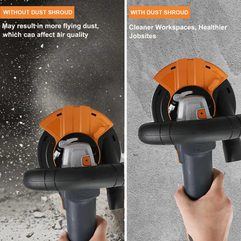 Comparison of grinder with and without Grinder Dust Shroud With Universal 4.5 And 5 Inch Diamond Grinding Cup Wheel Dust Collection Attachment