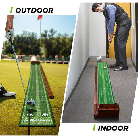 Dual-use 9.8Ft Putting Green Mat With Automatic Ball Return Track And Mirror For Indoor Home Golf Practice, Thickened Wrinkle Free Crystal Velvet Surface.