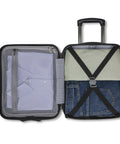 Open Fathead Underseater Carry On Luggage With Custom Decal Option, showing packed clothes and adjustable straps inside.