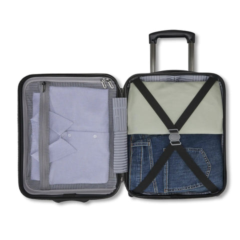 Open Fathead Underseater Carry On Luggage With Custom Decal Option, showing packed clothes and adjustable straps inside.