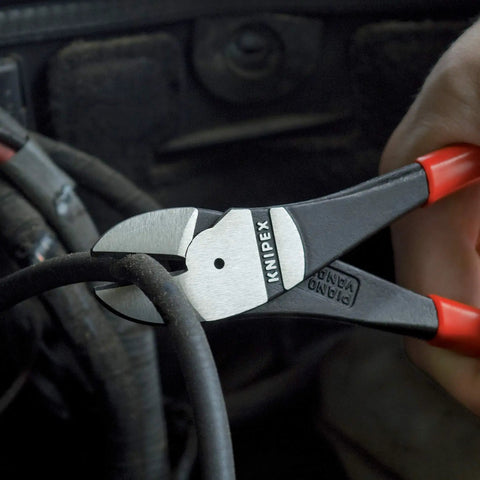 Close-up of diagonal cutters from 4 Piece Automotive Pliers Set In Foam Tray Storage With Combo Pliers, Diagonal Cutters, Long Reach Pliers Straight Nose And Bent Nose For Auto Repair And Maintenance Mechanic Grade Hand Tools cutting a wire