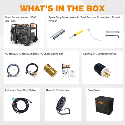 Components of 10500 Watt Tri Fuel Open Frame Inverter Generator With ATS Quiet Technology CO Sensor including accessories