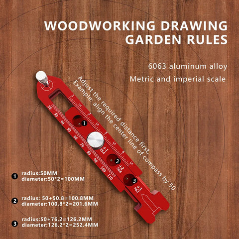Adjustable Radius Woodworking Compass Scriber With Aluminum Alloy Arc Head Fixed Point Circle Ruler on wooden surface.