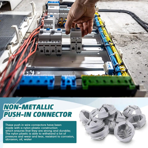 Installing 25 Pack Non Metallic Push In Wire Connectors 3/8 To 1/2 Inch Gray For NM Cable And Conduit in junction box