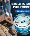 AnglerMag 1325-lb double-sided magnet fishing kit, blue with rope and carabiner, lifting a rusty metal box.