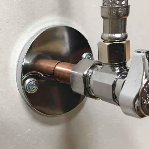 Hinged Split Escutcheons For One Half Inch CTS Pipes In Chrome Finish With Screws Five Eighth Inch OD Pipe Covers Four Pack Easy Installation For Copper And PEX Plumbing Keeps Exposed Pipe Neat And Protected