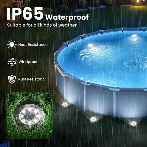 12 Pack Solar Pool Lights For Above Ground Pools, Waterproof LED Outdoor Pool Decor, illuminated poolside during rain