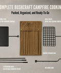 Swivel Grill Set For Campfire Cooking In The Great Outdoors Heavy Duty Steel Bushcraft Grate with accessories and canvas bag.
