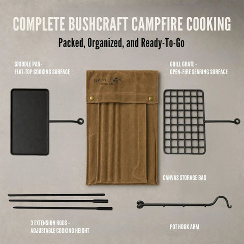 Swivel Grill Set For Campfire Cooking In The Great Outdoors Heavy Duty Steel Bushcraft Grate with accessories and canvas bag.